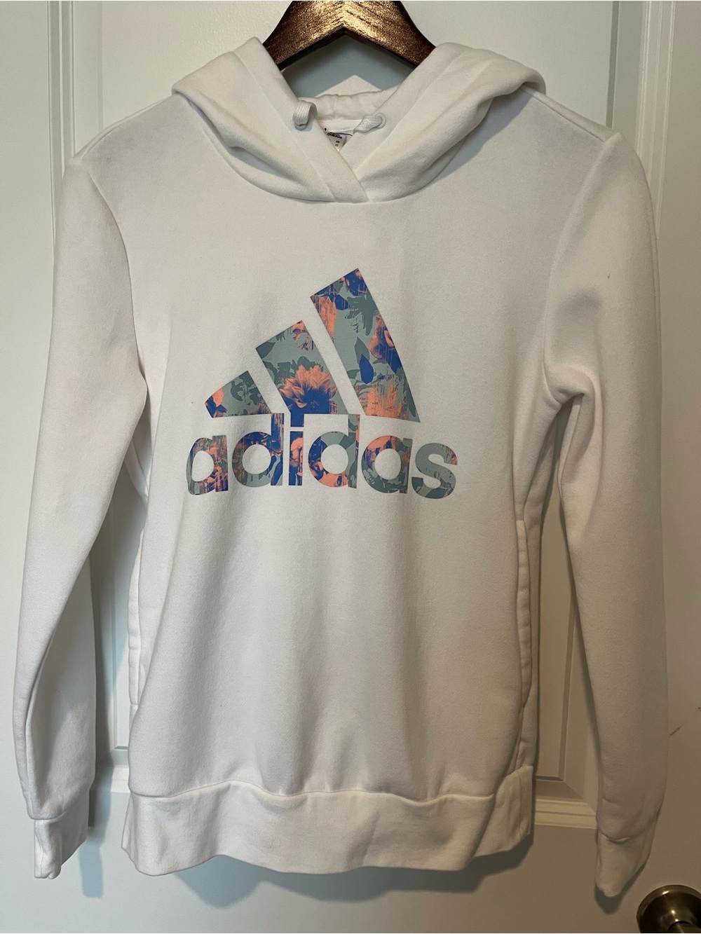 adidas White Hoodie with Blue and Peach Floral Logo